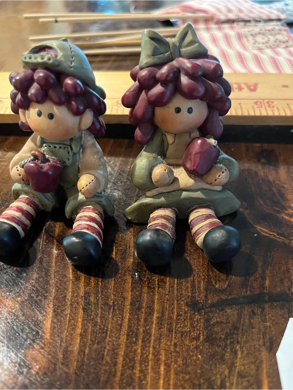 Handcrafted Resin Girl Figurine Pair - Burgundy Hair & Olive Outfit
